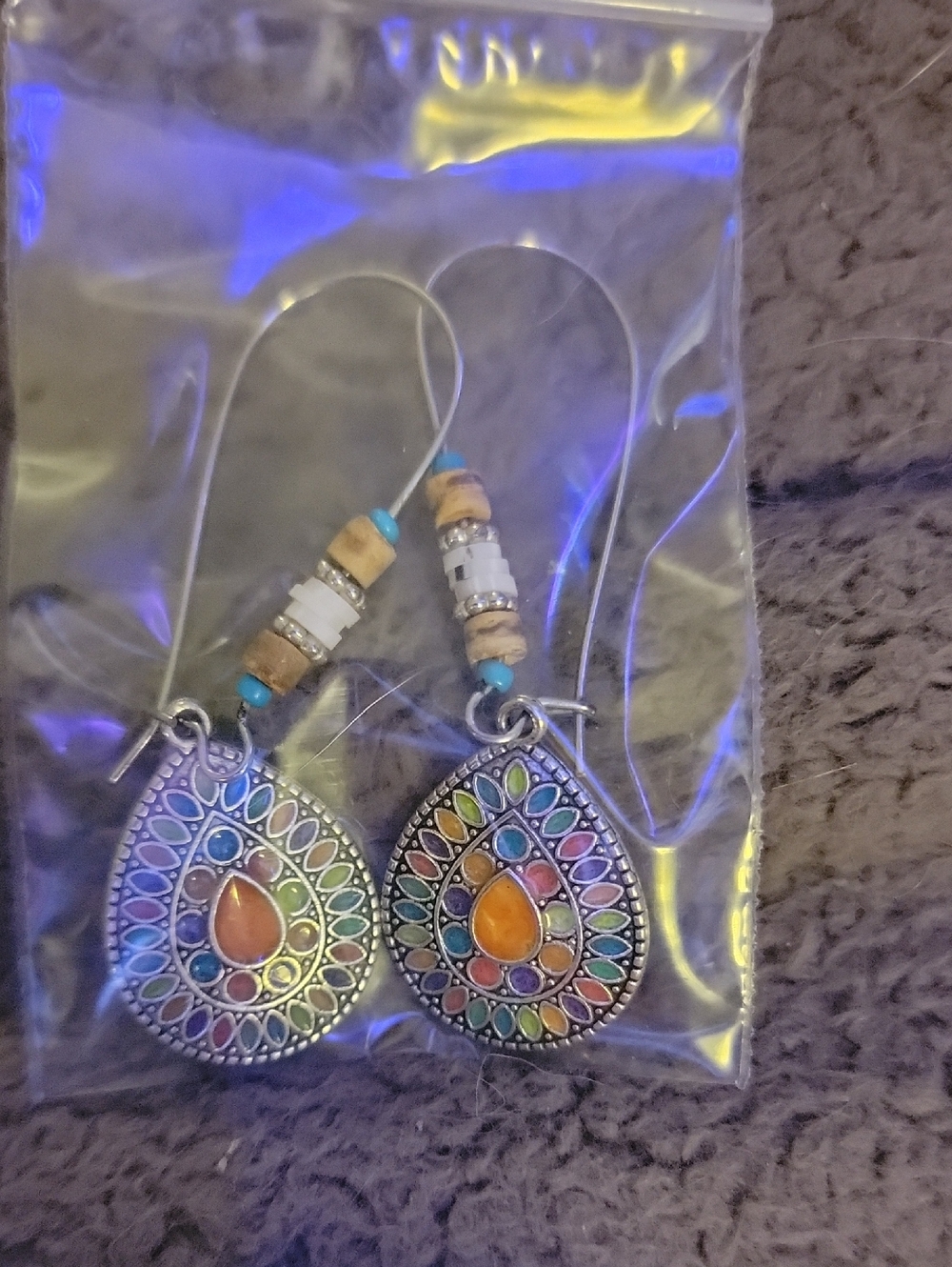 Source Unknown Multicolor Teardrop Enamel Earrings with Orange Center